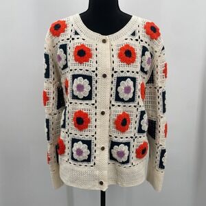 Crochet Granny Square Cardigan Floral Applique Cream Orange Purple Navy Womens L